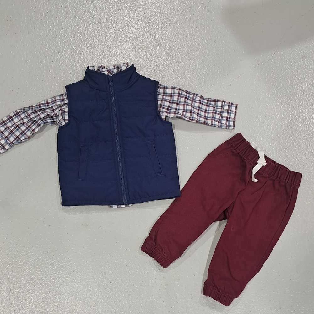 NWOT Plaid Shirt with Navy Vest and Red Pants Set